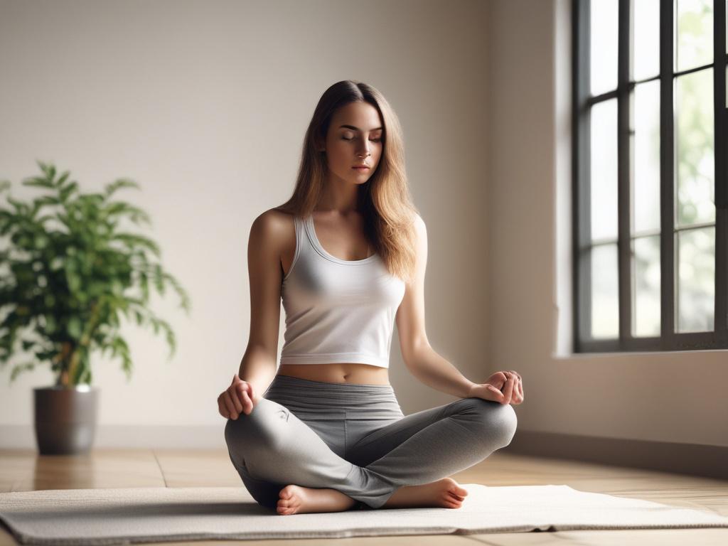 Create a realistic high-resolution photo that captures the essence of a blog titled "Jutranja energija." The composition should be simple and clear, featuring a single subject: a serene young woman sitting cross-legged on a yoga mat in a softly lit room. She is meditating with her eyes closed, emanating a sense of calm and energy. 

The background should be minimalistic, with gentle pastel tones that evoke a peaceful atmosphere, complemented by soft, natural light streaming through a window. A few indoor pl