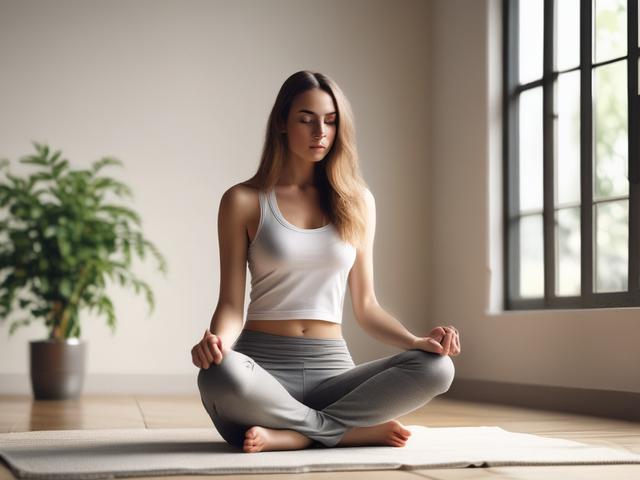 Create a realistic high-resolution photo that captures the essence of a blog titled "Jutranja energija." The composition should be simple and clear, featuring a single subject: a serene young woman sitting cross-legged on a yoga mat in a softly lit room. She is meditating with her eyes closed, emanating a sense of calm and energy. 

The background should be minimalistic, with gentle pastel tones that evoke a peaceful atmosphere, complemented by soft, natural light streaming through a window. A few indoor pl