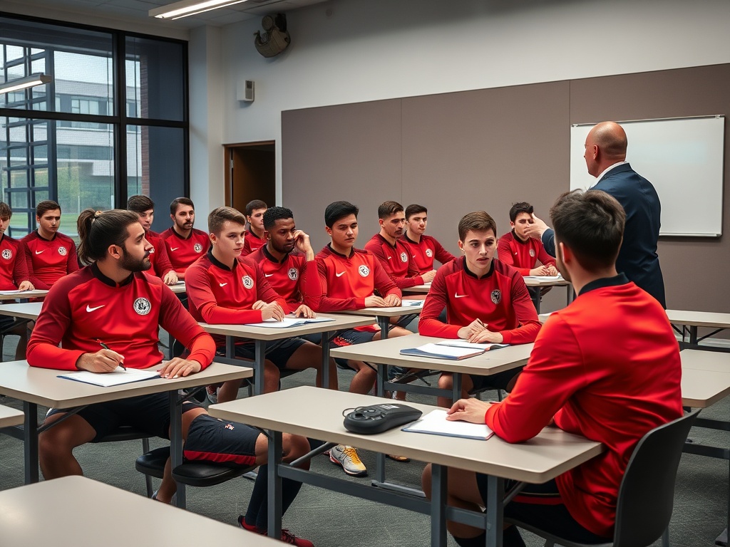 Young football academy players in classroom learning session