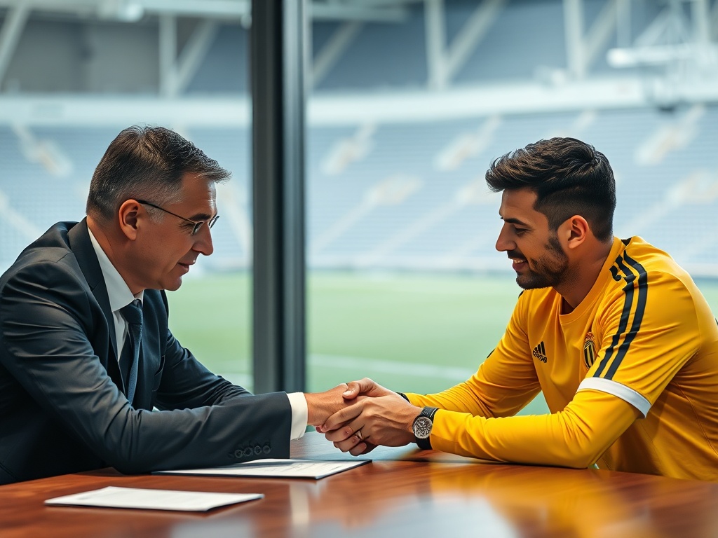 Soccer player signing contract with agents at negotiation table