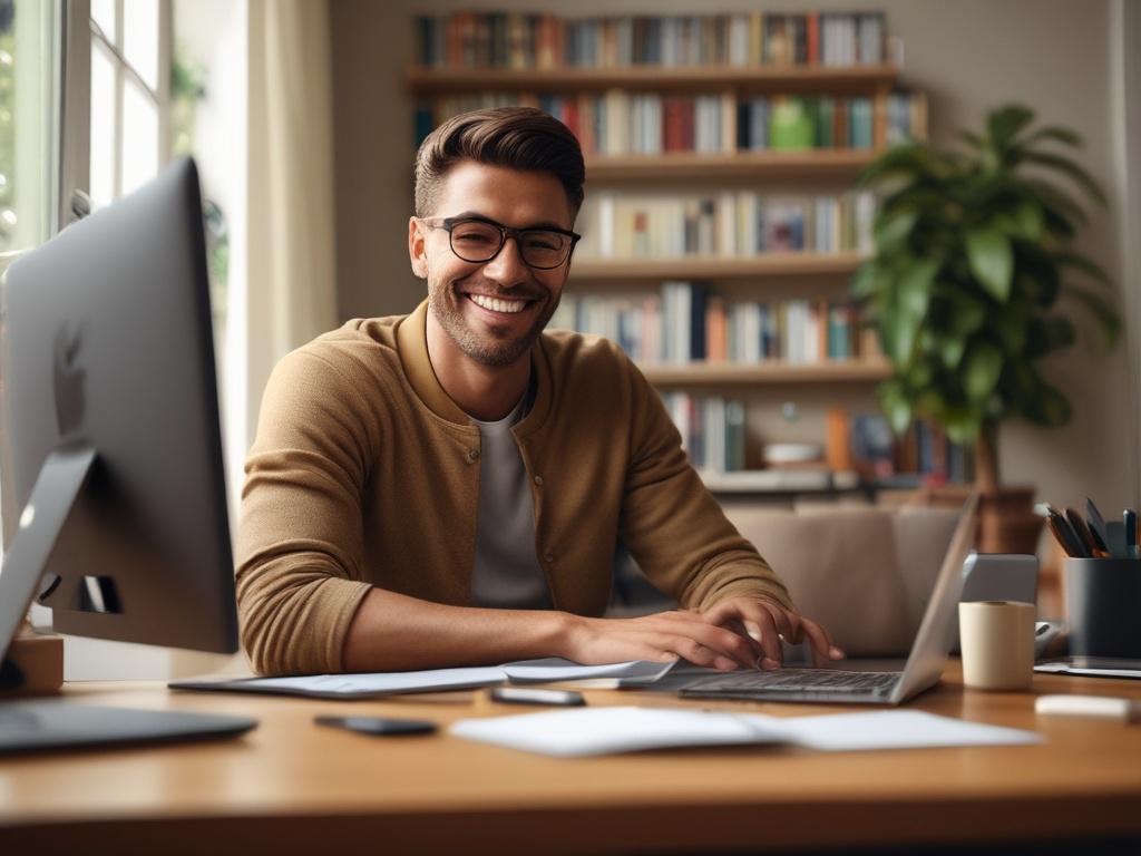 A close up portrait of a smiling professional working remotely