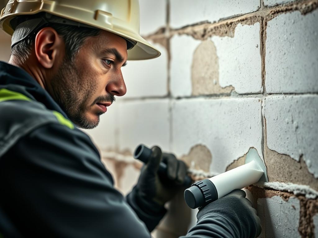 A close up shot of a professional applying waterproof sealant