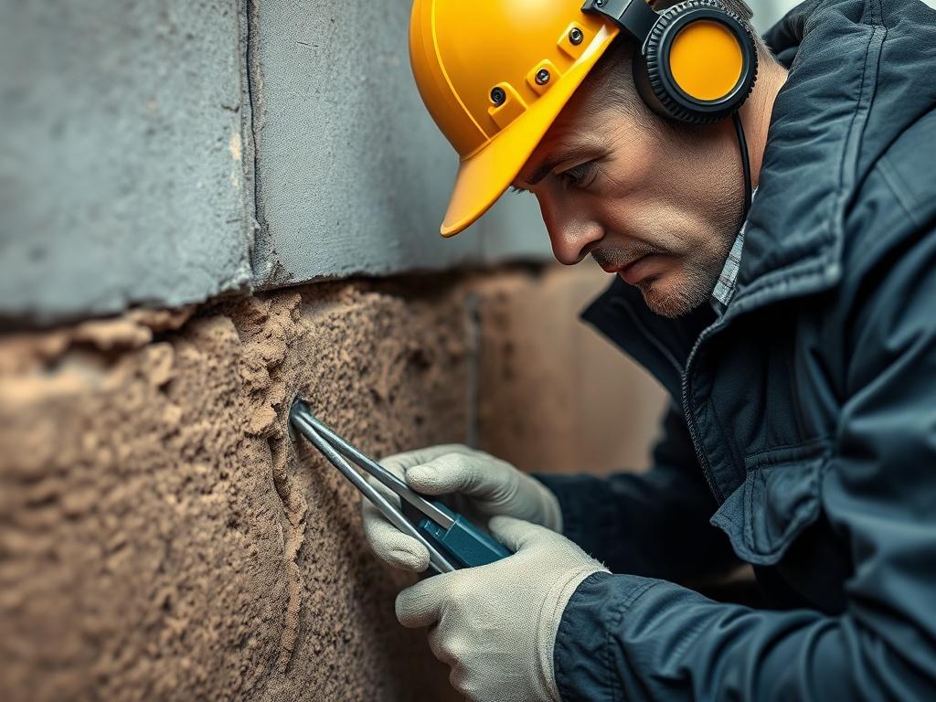 A close up shot of a technician inspecting a foundation