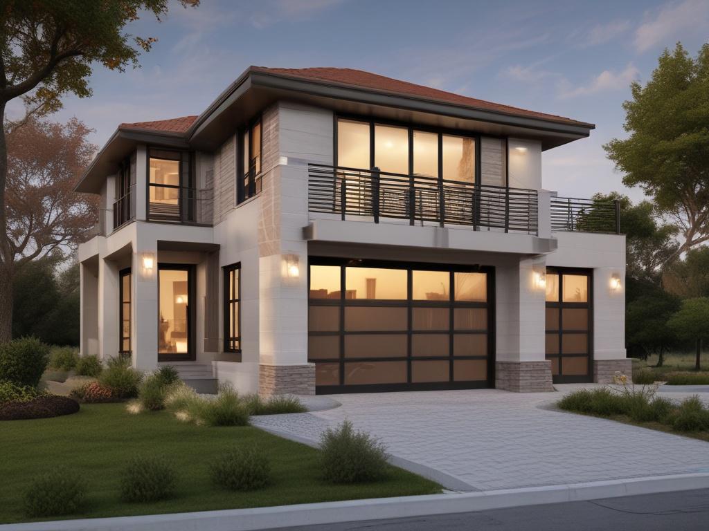 A high-resolution, photorealistic image of a modern home featuring hurricane-resistant impact windows and doors. The composition focuses solely on the front facade of the house, showcasing the sleek design of the windows and doors. The background includes a clear blue sky with a few fluffy clouds, emphasizing the home's resilience and beauty. The image should incorporate bold, vibrant colors, highlighting the clean lines and essential elements of the architecture.