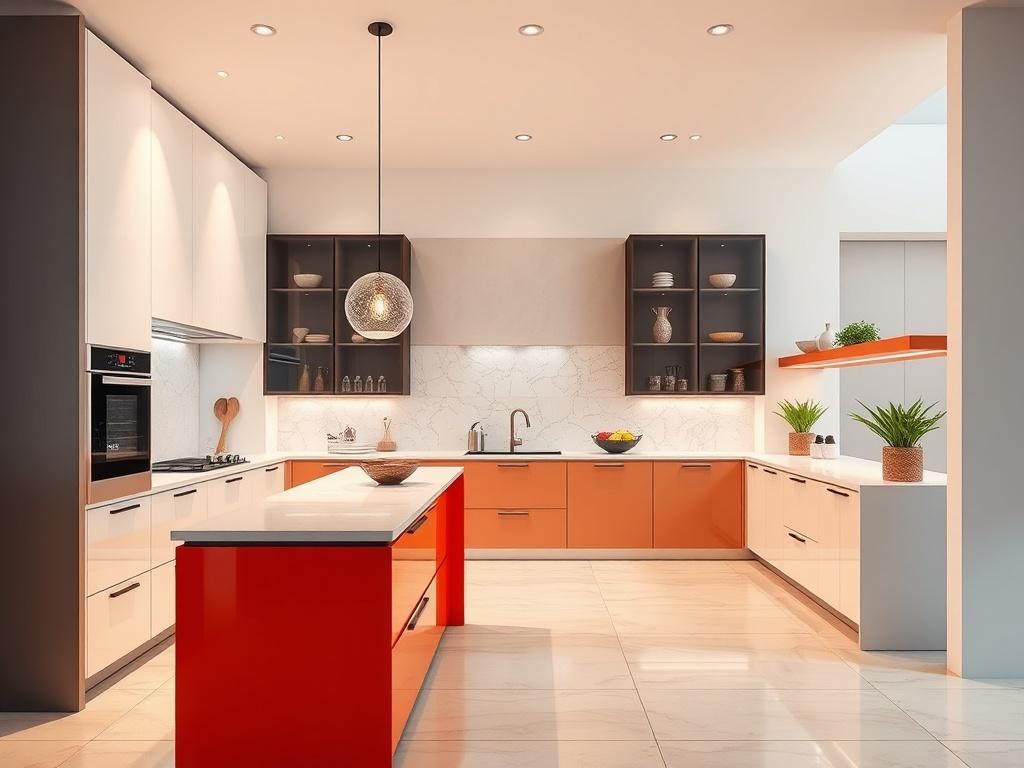 A beautifully remodeled kitchen showcasing modern design elements, featuring sleek cabinets, a large island with maintenance-free countertops, and stylish lighting fixtures. The background should be a clean, minimalistic space with vibrant colors highlighting the kitchen's features. The composition should focus solely on the kitchen, capturing the essence of a modern home upgrade.