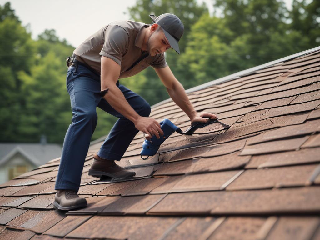 close-up shot of a roofing inspector examining shingles, high-resolution, hyper-realistic style, simple clean background, natural lighting