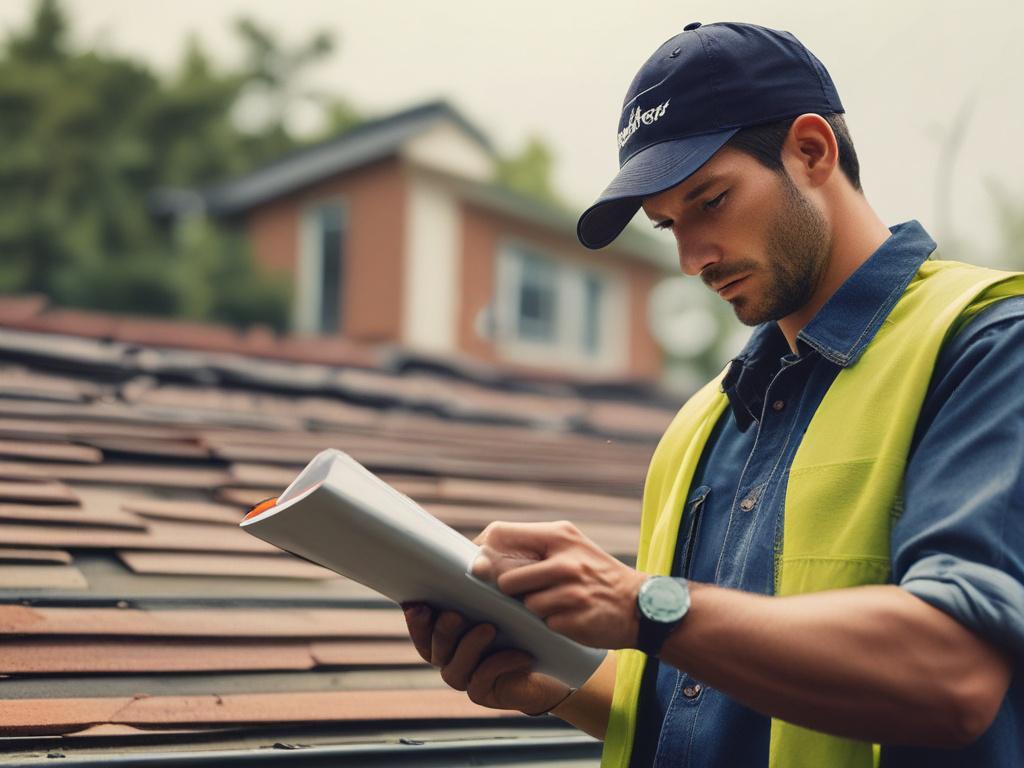 A close-up shot of a roofing contractor examining a damaged roof with a clipboard and a pen, showcasing the details of the damage. The background should feature a clear blue sky, emphasizing the contractor's professionalism and focus on the task. The lighting should be bright, highlighting the texture of the roof and the contractor's serious expression as they assess the situation.