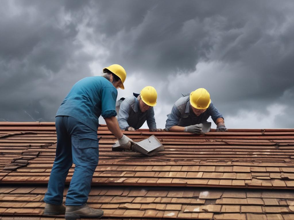 close up of a damaged roof being repaired, workers in