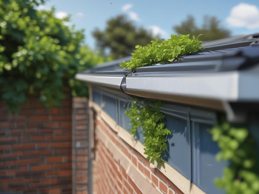 close up of newly installed gutters, rainwater flowing smoothly, clear