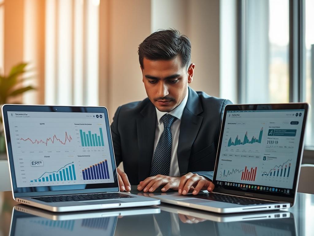 **AI Image Generation Prompt:**

Create a realistic, high-resolution close-up photograph that encapsulates the concept of choosing between ERP and accounting software for businesses in the UAE. The image should feature a business professional, a South Asian man in his 30s, wearing a smart business suit, intently examining two open laptops side by side, each displaying financial graphs and software interfaces representing ERP and accounting software respectively. 

The composition should focus solely on the 