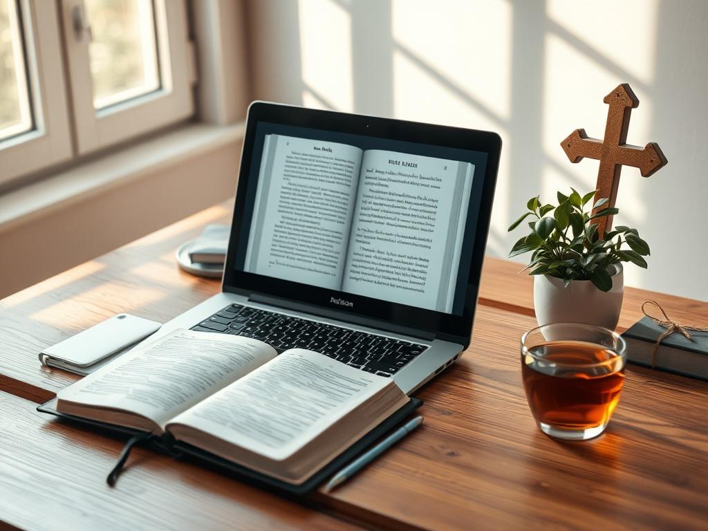 A serene and inviting workspace featuring a wooden desk with