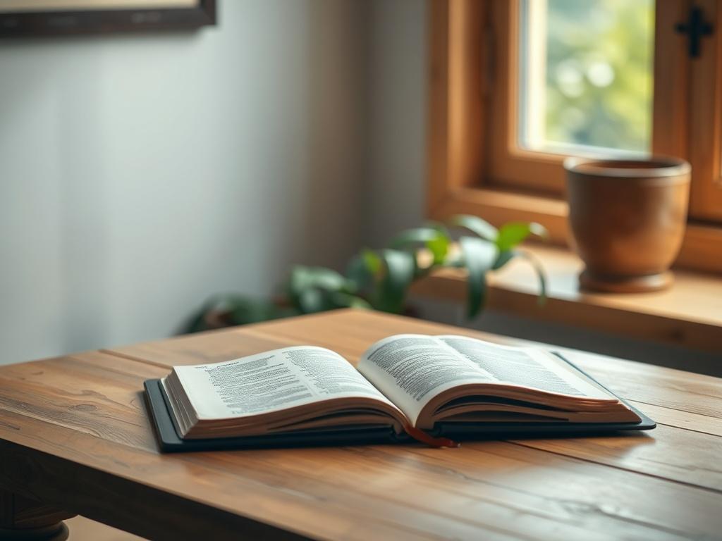 A serene, realistic setting featuring a laptop on a wooden