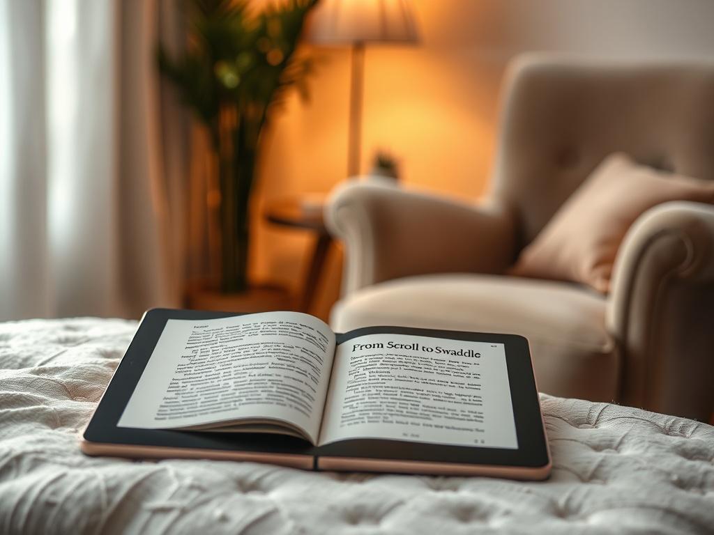 A high-resolution image of an open eBook featuring the cover of 'From Scroll to Swaddle' displayed on a digital tablet. The background is softly lit with warm tones, creating a peaceful and inviting atmosphere. A cozy reading nook with a plush chair and a small side table can be seen in the background, suggesting a serene environment for reading and reflection.