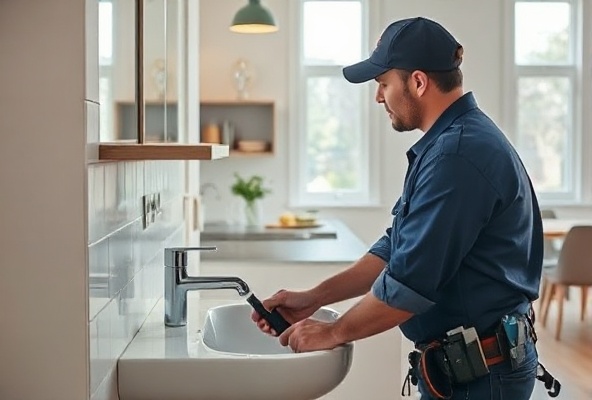 Professional plumber working on modern bathroom sink installation