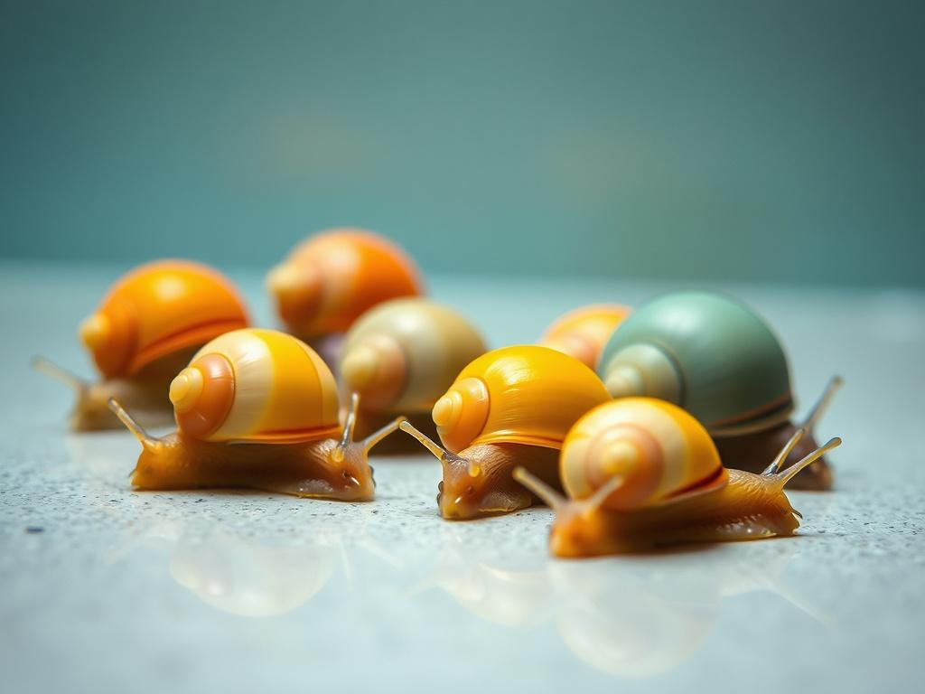 A close-up shot of a variety of vibrant Bladder Snails in different colors and sizes, all full-grown adults, resting on a smooth surface. The background is a simple, blurred aquatic environment that enhances the focus on the snails. The image should be shot with a 45mm f/1.2 lens to create a shallow depth of field, ensuring the snails are the main subject of the composition.
