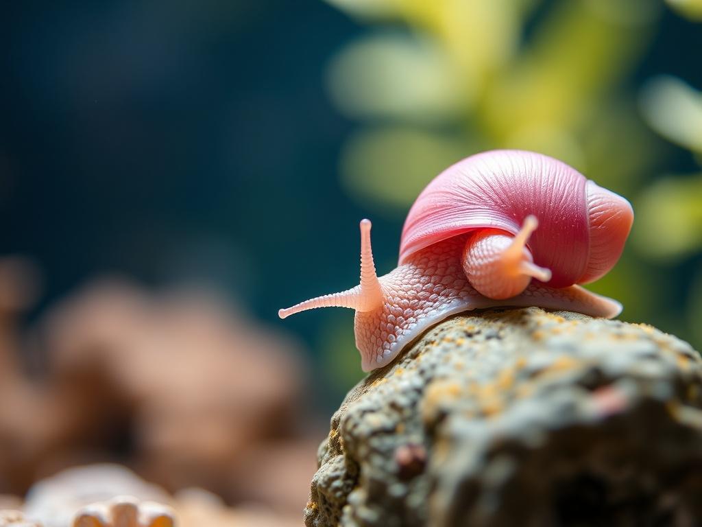 A hyper-realistic close-up shot of a Pink Ramshorn Snail resting on a piece of aquarium decor. The snail showcases its vibrant pink shell with intricate details, while the background features a softly blurred underwater environment with gentle lighting. The composition focuses solely on the snail, emphasizing its beauty and texture, shot with a 45mm f/1.2 lens.