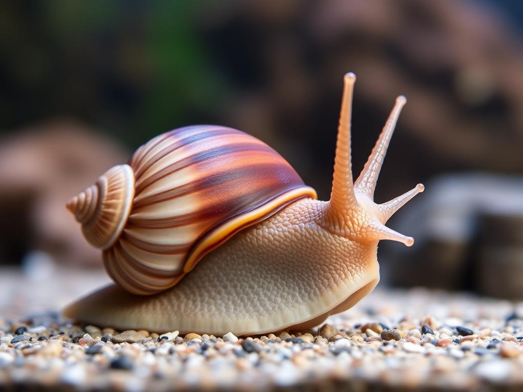 A hyper-realistic close-up shot of a Malaysian Trumpet Snail on a clean aquarium substrate, showcasing its distinctive horn-like shape and texture. The background should be a blurred underwater scene with soft lighting to emphasize the snail's details, ensuring the focus remains solely on the snail. The color palette should complement the primary color #062767.