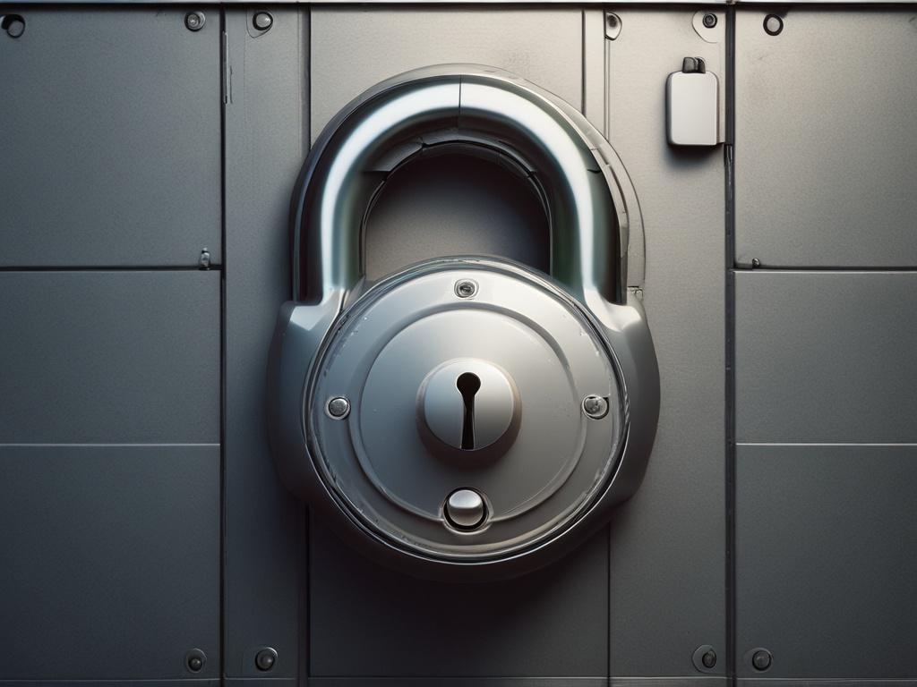 A close-up shot of a secure lock on a digital background, symbolizing data protection and security. The image should be hyper-realistic, with a focus on the lock, shot in a soft-focus style to create a sense of security and trust.