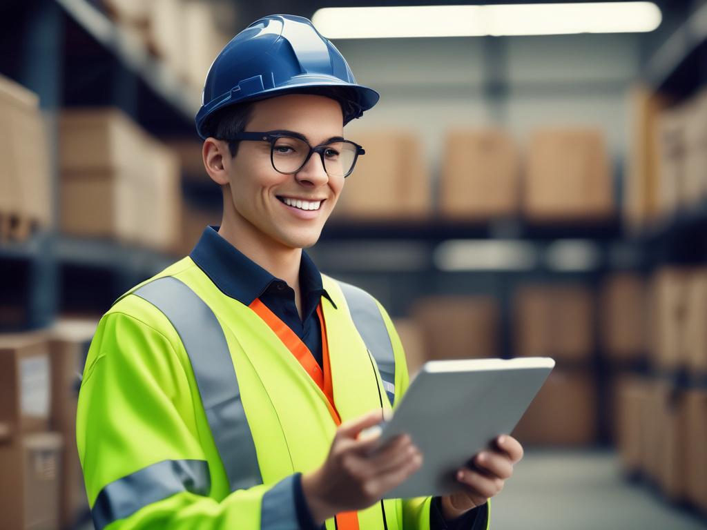 Create a hyper-realistic, high-resolution close-up photo of a focused warehouse supervisor or staffing recruiter reviewing resumes or candidate profiles on a digital tablet. Use a 45mm f/1.2 lens style for a shallow depth of field that sharply captures the person's hands and face, conveying concentration and professionalism. The subject should be dressed in smart-casual attire, wearing a subtle badge or lanyard hinting at the logistics or staffing industry. The background is softly blurred, showing a glimps