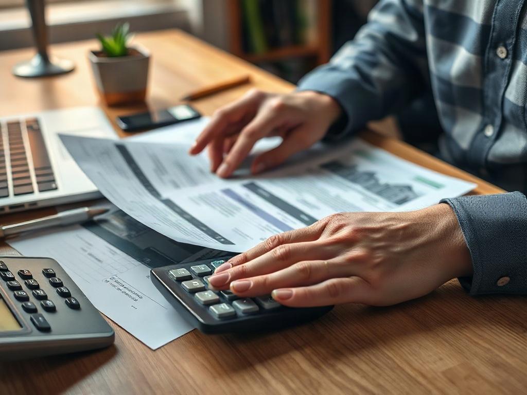 A hyper-realistic close-up shot of a professional appraiser analyzing property documents on a desk, with a calculator and a laptop in the background. The setting should convey a sense of trust and expertise, featuring warm lighting that highlights the details on the desk. The focus should be on the appraiser's hands as they work, showcasing the tools of the trade.