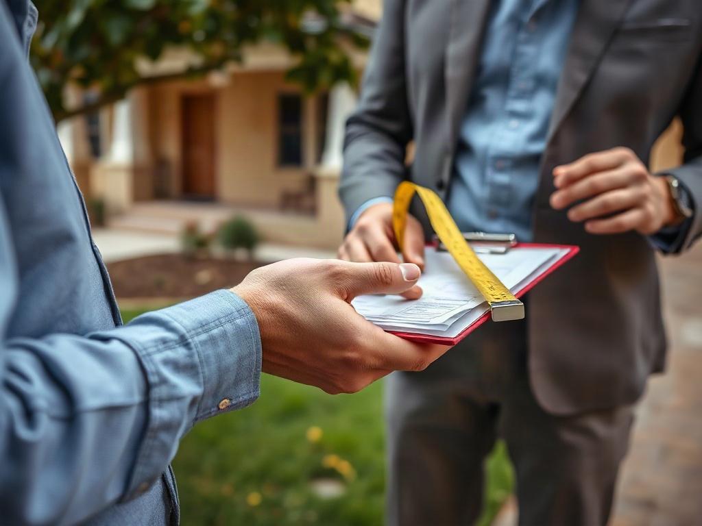 A close-up shot of a professional appraiser examining a residential property, with a focus on the appraiser's hands holding a clipboard and measuring tape. The background features a well-maintained home with a manicured lawn, emphasizing the real estate aspect. The image should convey professionalism and expertise, using a hyper-realistic style with vibrant colors that complement the #00ABD8 primary color.