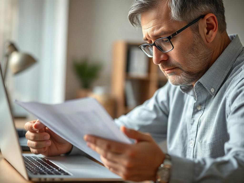 A close-up shot of a certified appraiser examining property documents with a focused expression. The background should be softly blurred, emphasizing the appraiser's professional demeanor. The setting includes a well-organized desk with appraisal tools and a laptop, showcasing a modern office environment. The colors should harmonize with the #00ABD8 primary color scheme.