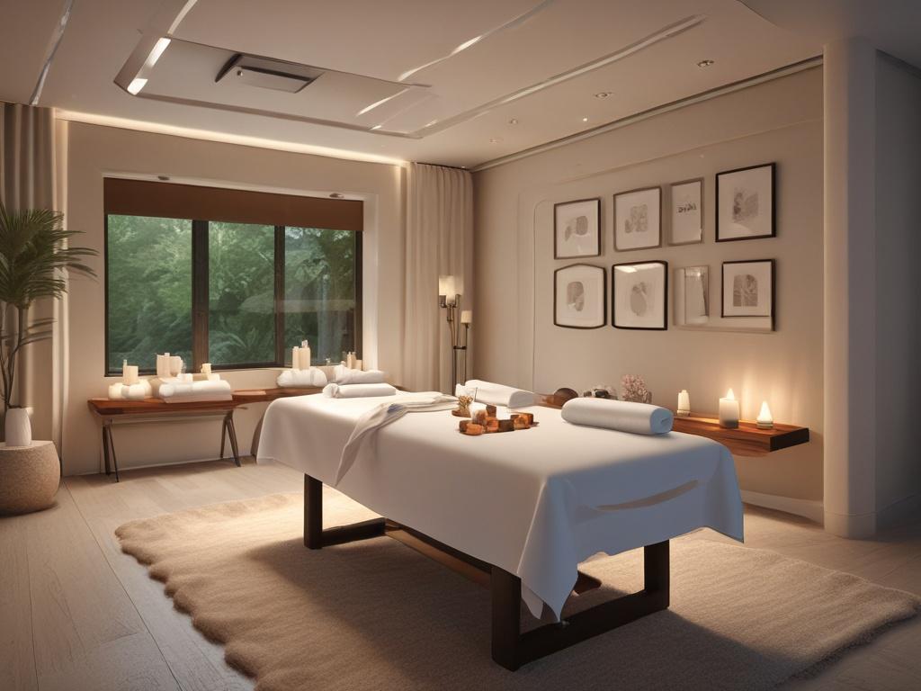 A serene massage room with soft, ambient lighting and calming