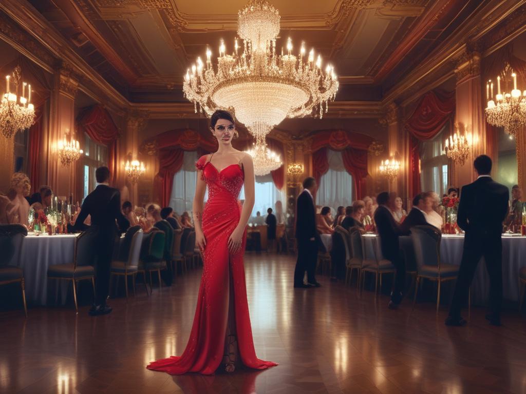 A glamorous woman in an elegant cocktail dress, smiling confidently