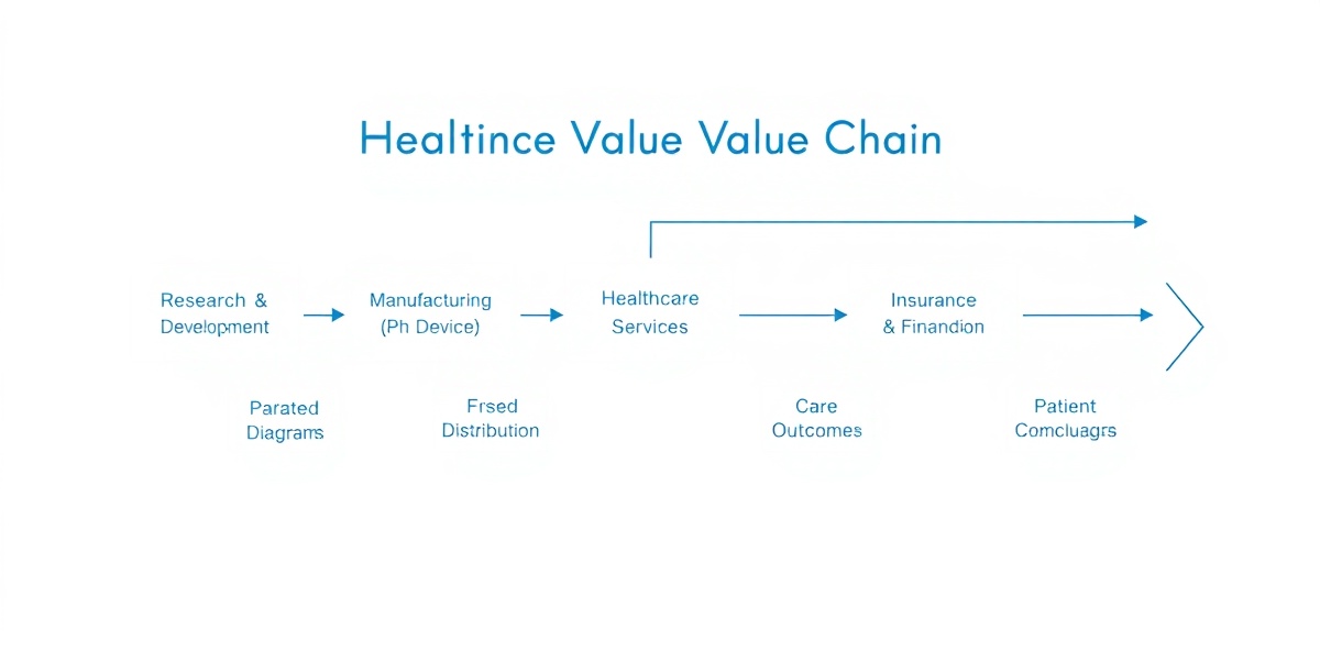 Healthcare Value Chain: Research & Development → Manufacturing → Healthcare Services → Insurance & Financing → Distribution → Patient Care & Outcomes