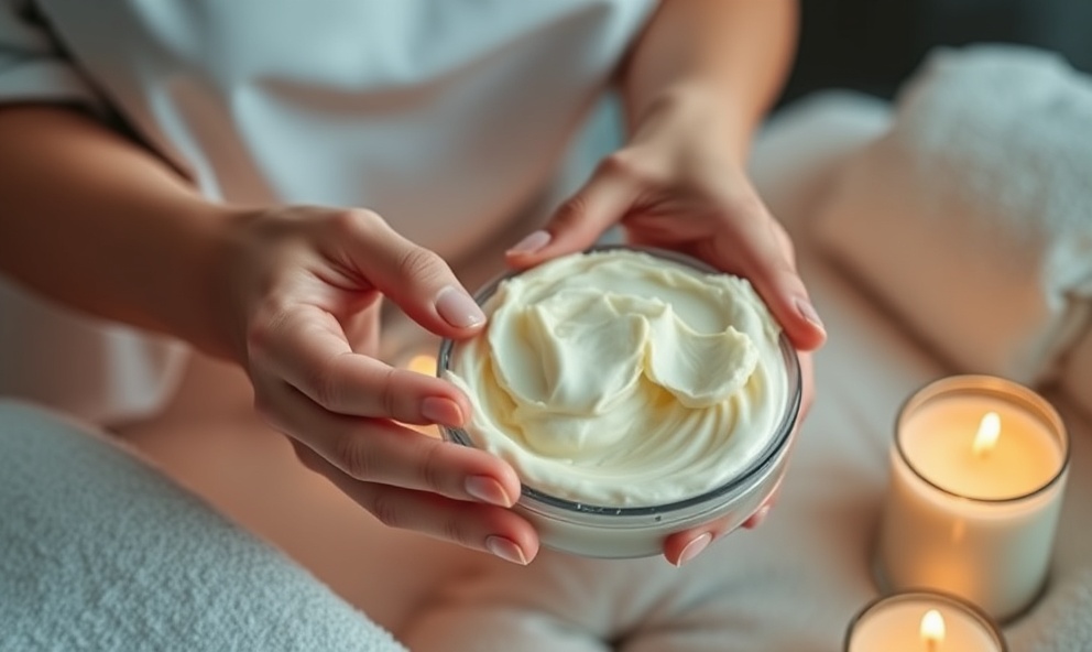 Woman's hands applying body butter in self-care ritual