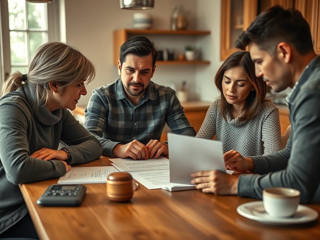 A close up shot of a family discussing legal documents