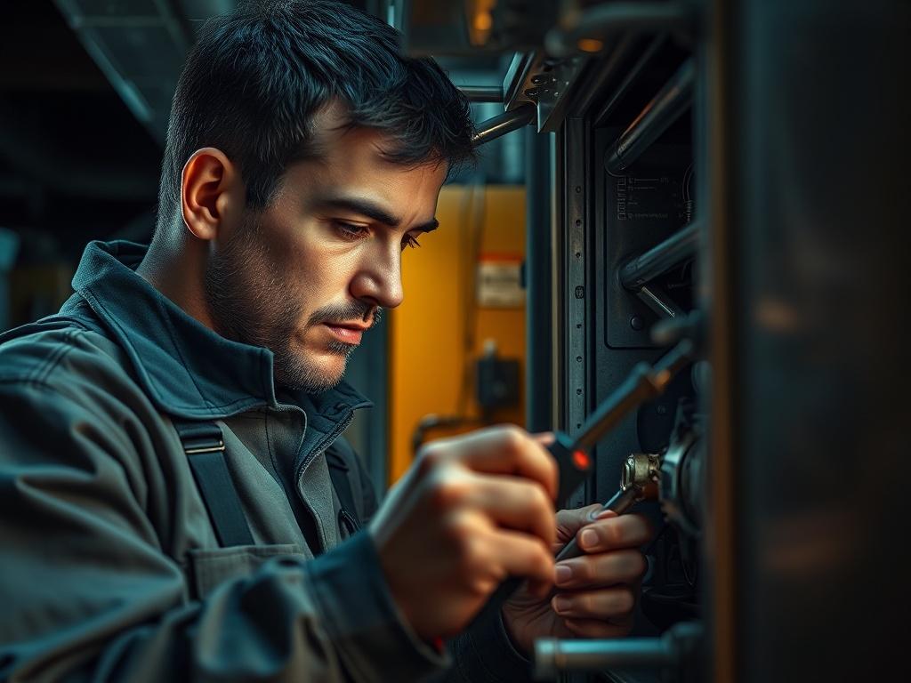 A close-up shot of a technician repairing a furnace in a dimly lit space. The technician is using tools to fix the furnace, with a focused expression. The background should hint at a busy environment, emphasizing urgency and professionalism, while incorporating elements of the primary color rgb(179, 25, 66) in the tools or equipment.