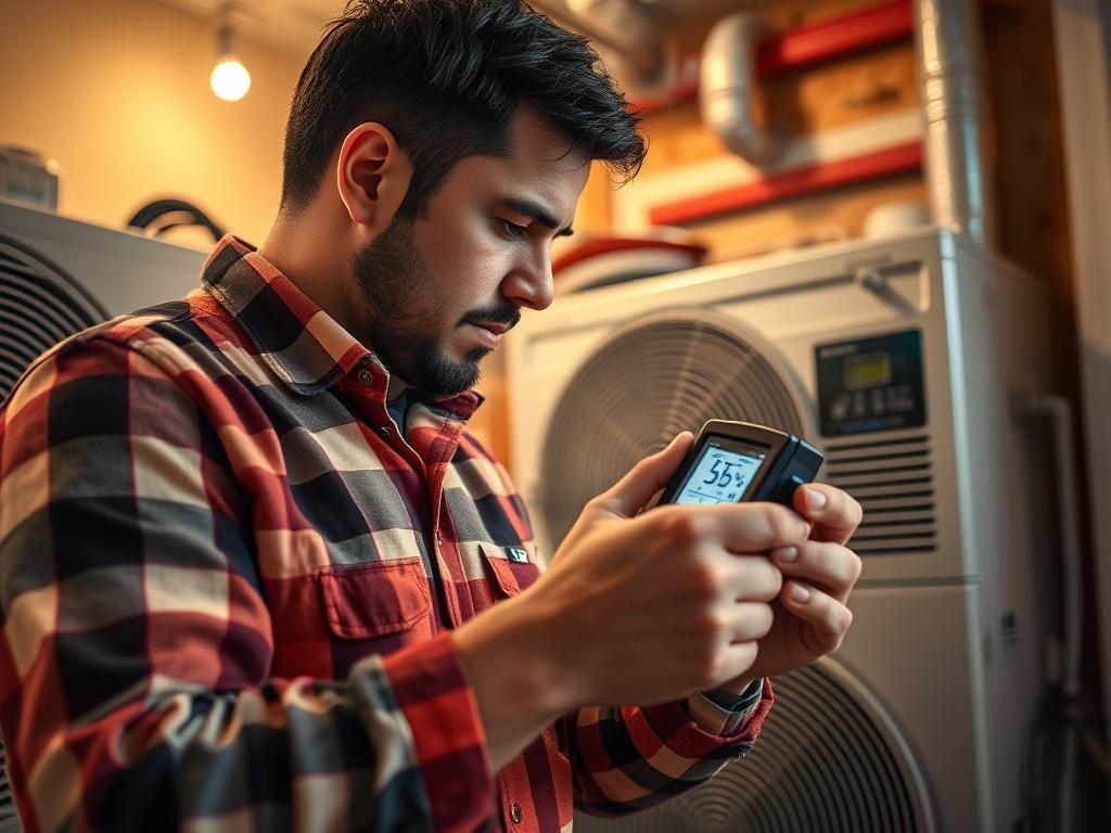 A close-up shot of an energy efficiency expert conducting an assessment in a home. The expert is measuring temperature and airflow with a digital device, surrounded by HVAC equipment. The environment should convey a sense of professionalism and care for the home’s energy usage, with warm lighting and the primary color rgb(179, 25, 66) visible in the background.