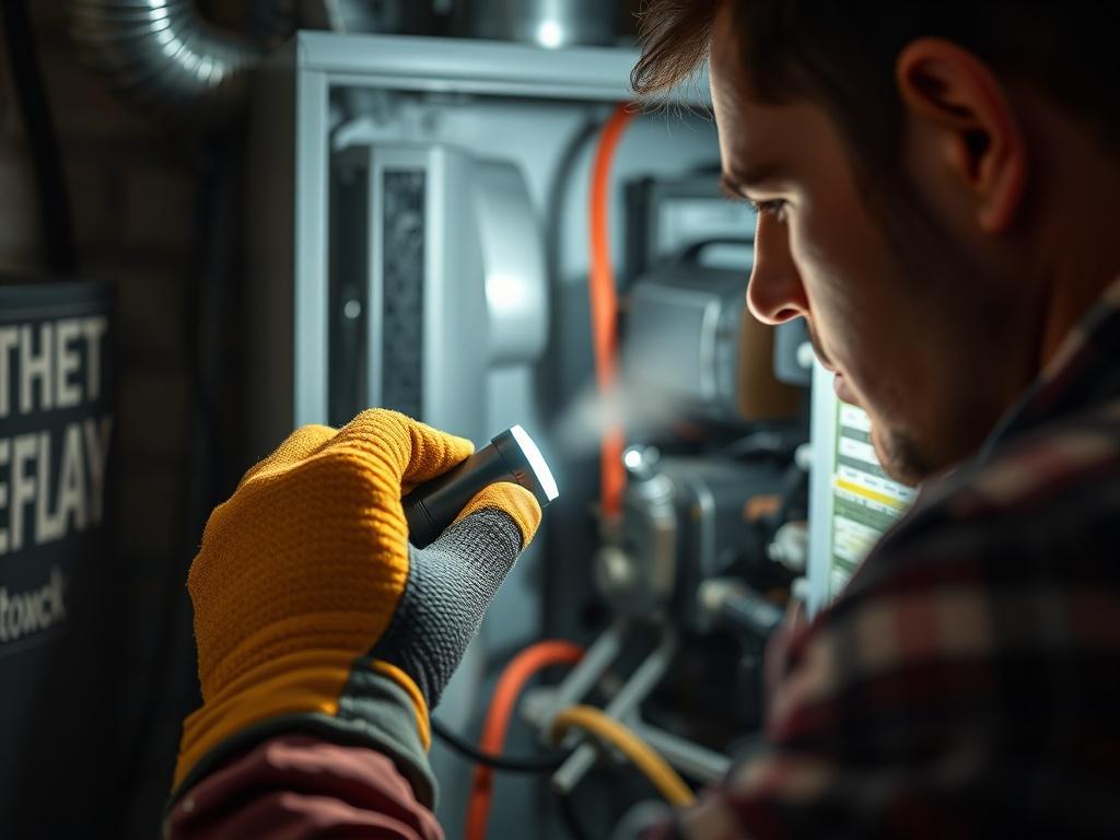 A close-up shot of a technician inspecting a furnace in a residential basement. The technician is wearing safety gloves and using a flashlight to check the components of the furnace. The background is slightly blurred, focusing on the technician and the furnace. The image should capture the warmth and safety of home heating, with a color palette that includes the primary color rgb(179, 25, 66).