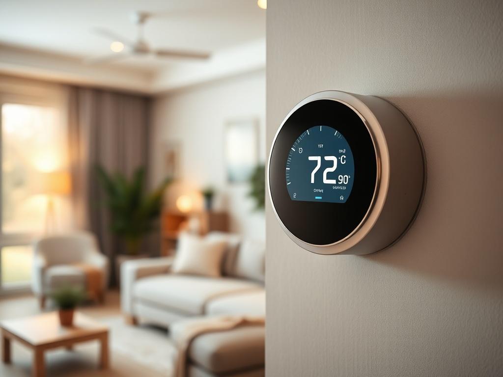 A realistic close-up shot of a modern energy-efficient thermostat mounted on a wall, displaying a digital screen with temperature settings. The background features a softly blurred interior of a cozy living room, showcasing warm lighting and comfortable furniture, with a focus on the thermostat as the main subject. The image should have a hyper-realistic quality, captured with a 45mm f/1.2 lens style.