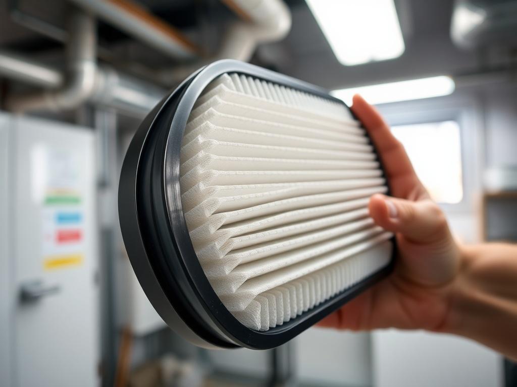 A realistic close-up shot of a high-performance air filter being held in a hand, showcasing its detailed texture and layers. The background should feature a bright, clean indoor setting, such as a well-lit utility room or HVAC closet, with a focus on the filter as the primary subject. Capture the image in hyper-realistic quality, using a 45mm f/1.2 lens style.