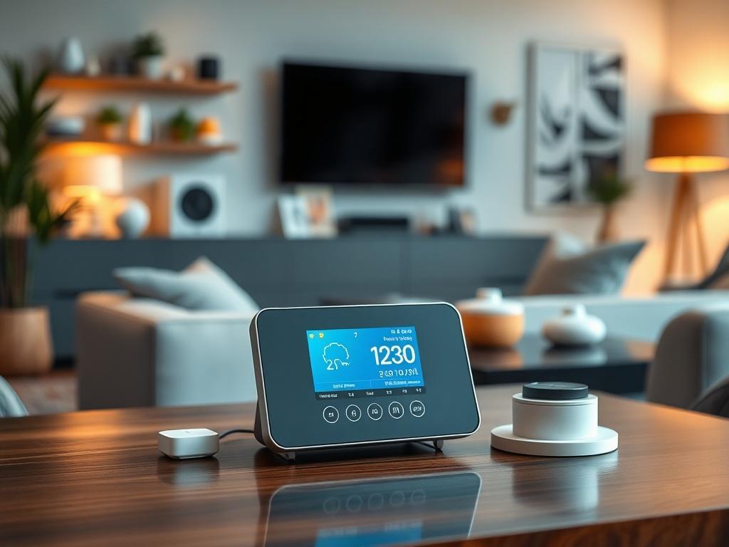 A realistic close-up shot of a smart home HVAC control hub on a stylish tabletop, displaying its sleek design and digital interface. The background should illustrate a modern living space adorned with smart home devices, creating a warm and inviting atmosphere. The image must be hyper-realistic, captured with a 45mm f/1.2 lens style.
