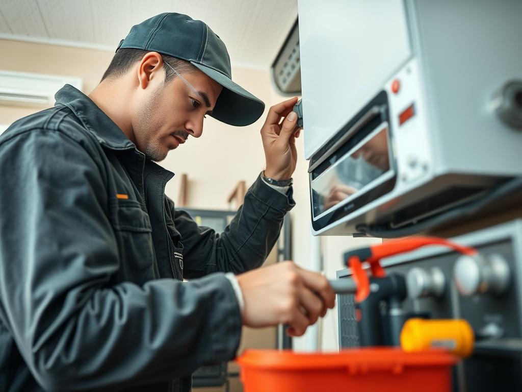 A skilled technician performing maintenance on an HVAC system in a residential setting, with tools and equipment clearly visible. The background should reflect a clean and organized workspace, emphasizing professionalism and expertise. Shot in hyper-realistic detail with a 45mm f/1.2 lens.