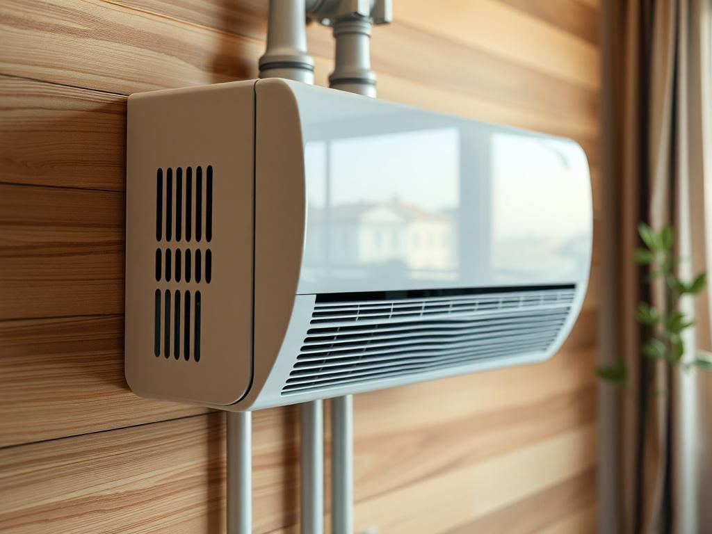 A high-efficiency heating system installed in a modern home, showcasing sleek design and functionality. The image should focus on the unit with a warm, inviting background, emphasizing the comfort it brings. Shot in hyper-realistic detail with a 45mm f/1.2 lens.
