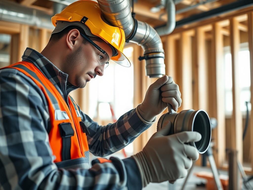 A realistic close-up shot of a professional HVAC technician installing ducts in a new construction site. The technician, wearing safety gear, is focused on connecting ductwork in a well-lit, partially finished room with exposed framing. The background should include tools and HVAC equipment, emphasizing a clean and organized workspace. The image should convey precision and expertise, with a hyper-realistic style and vibrant colors compatible with the primary color rgb(179, 25, 66).