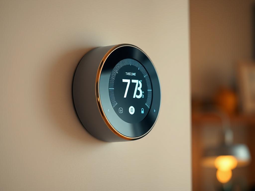 A hyper-realistic close-up shot of a modern smart thermostat installed on a wall, showcasing its sleek design and digital display. The background should be softly blurred to emphasize the thermostat, with warm lighting to create an inviting atmosphere. The overall color scheme should harmonize with the primary color rgb(179, 25, 66).