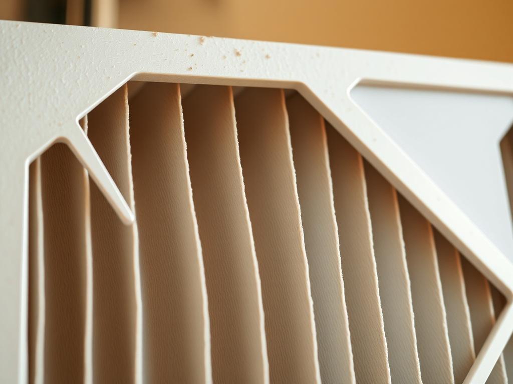 A hyper-realistic close-up of a high-efficiency air filter, highlighting its pleated design and clean surface. The image should focus solely on the filter, with a subtle background that suggests an HVAC system. Warm, natural lighting should enhance the visual appeal, aligning with the primary color rgb(179, 25, 66).