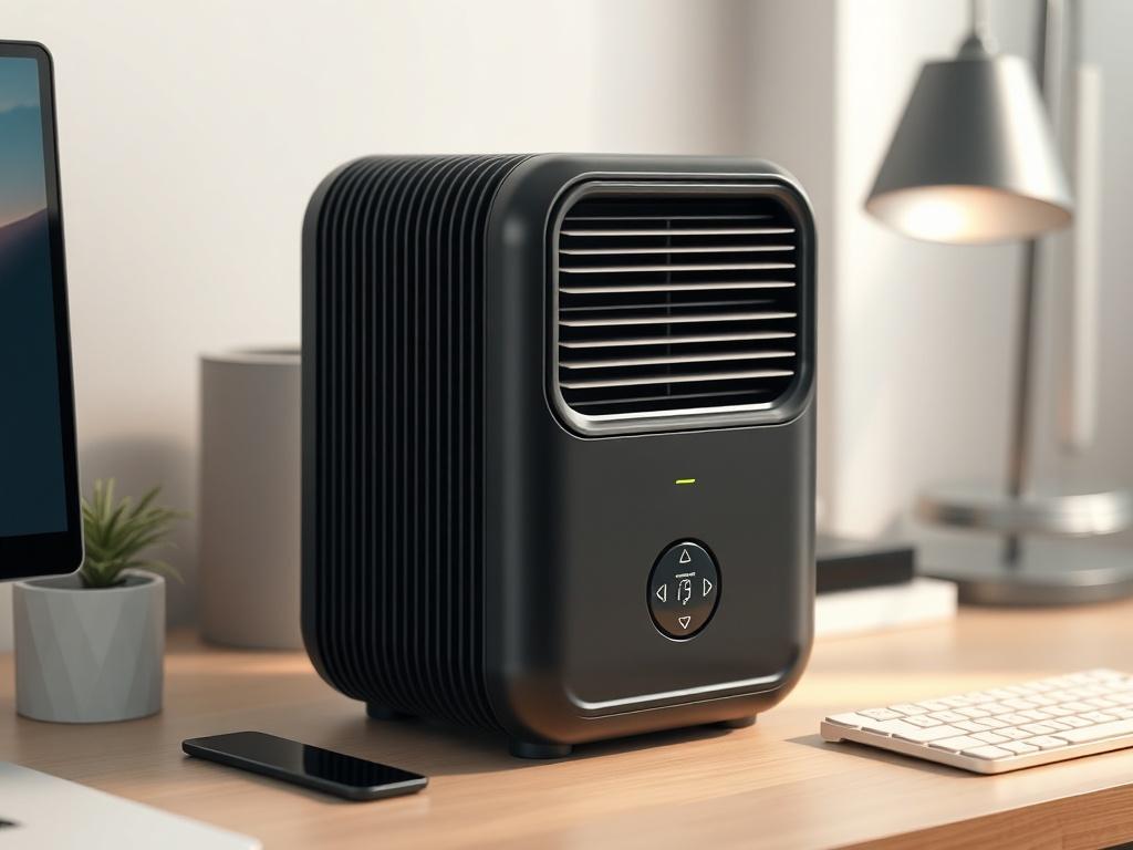 A hyper-realistic close-up of a portable air purifier on a desk, showcasing its modern design and control panel. The image should have a clean and minimalistic background, with soft, diffused lighting to highlight the product, while incorporating the primary color rgb(179, 25, 66) subtly in the decor.