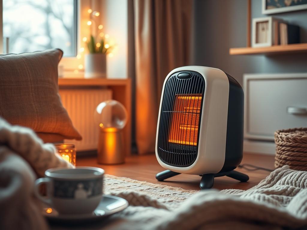 A high-resolution image of an energy-efficient space heater in a stylish home interior. The heater should be shown in use, with a cozy ambiance created by warm lighting. Include elements like a soft blanket or a cup of tea nearby to evoke a sense of comfort.