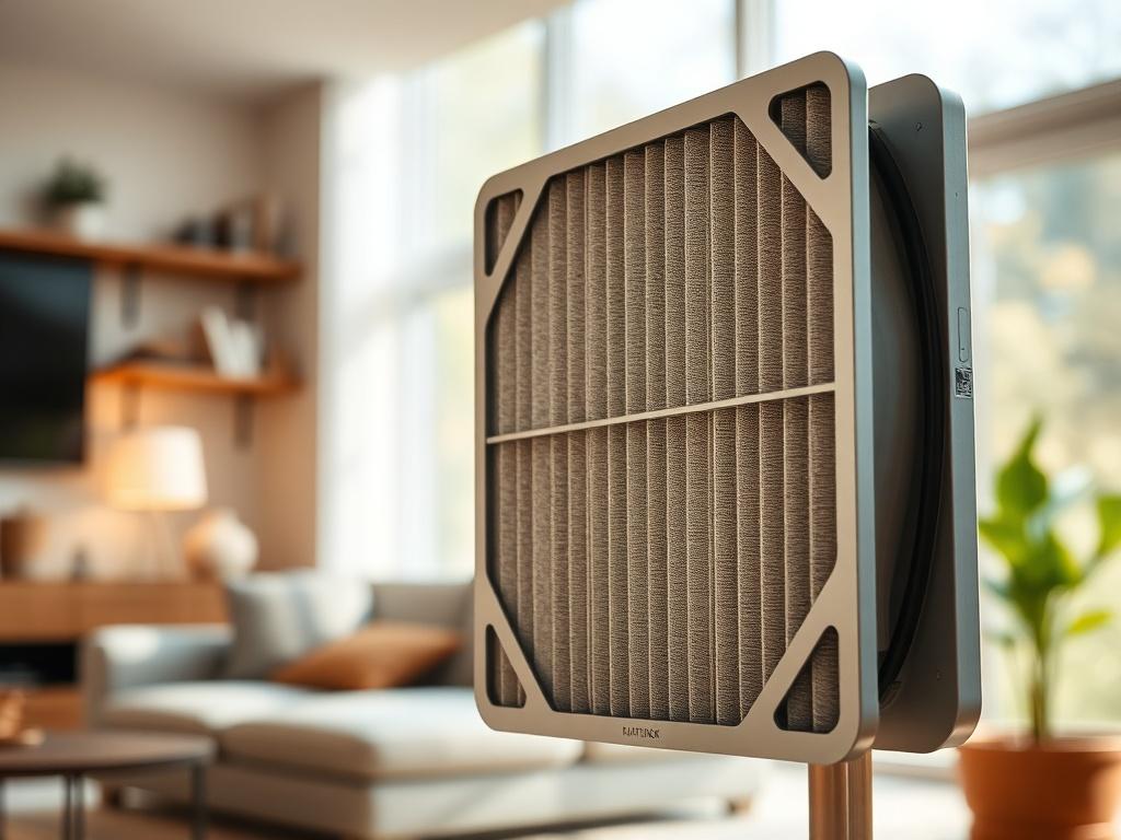 A close-up shot of a high-efficiency air filter in a modern home setting. The filter should be prominently displayed, showing its design and texture. The background should be softly blurred, emphasizing the filter while incorporating warm, inviting home aesthetics with natural lighting.