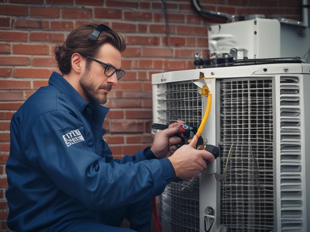 **Prompt for AI Image Generation:**

Create a highly realistic high-resolution image of a skilled HVAC technician conducting maintenance on an HVAC unit in a Michigan winter setting. The technician is a middle-aged individual wearing a branded blue jacket and safety gloves, inspecting the unit closely with a focused expression. The focus should be on their hands as they check the condition of the unit’s filter, with a close-up shot that captures intricate details like the texture of the filter and the techn
