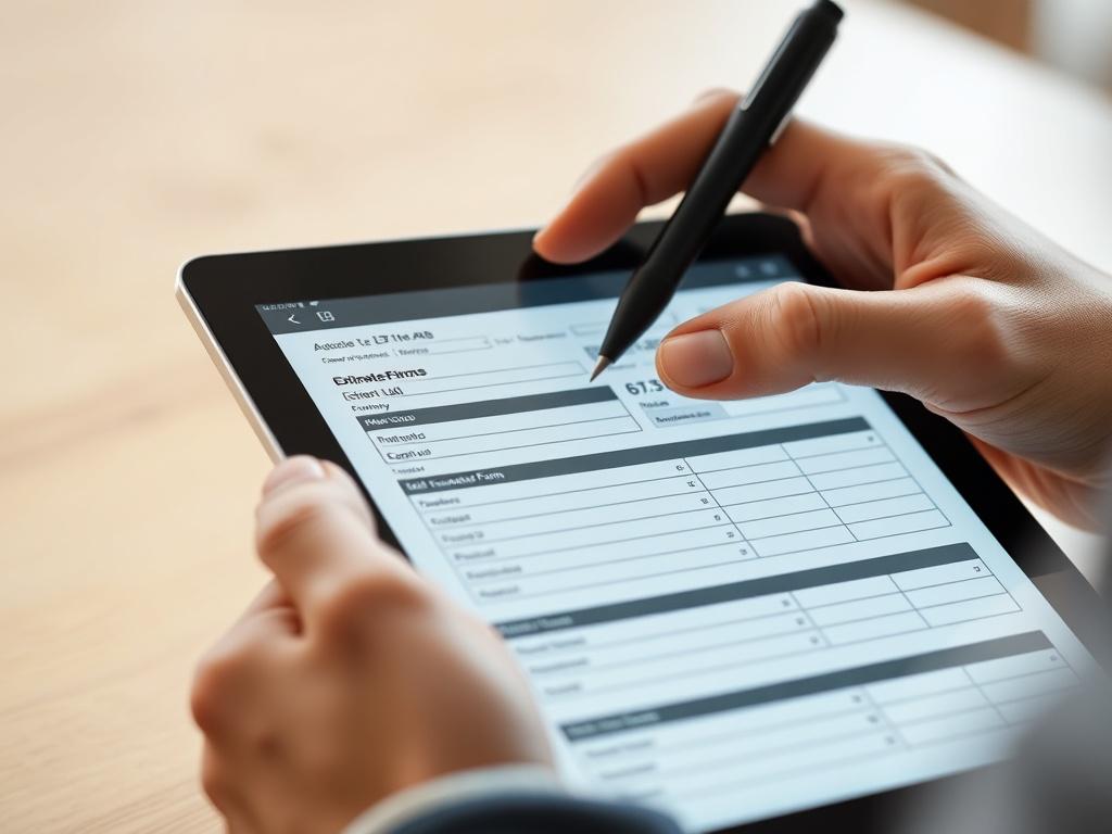 A close-up view of a digital estimate form being filled out on a tablet, with clear fields and easy navigation. The background should be clean and simple, focusing on the tablet and its user interface. The image should convey a sense of efficiency and professionalism in the estimating process.