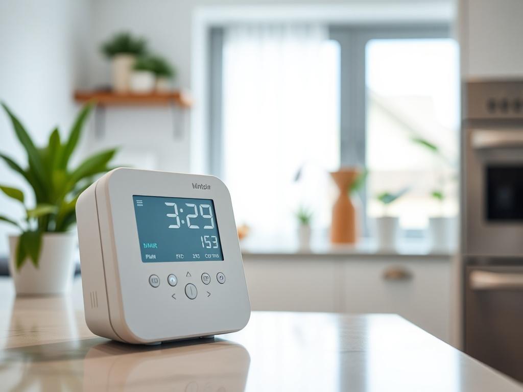 A detailed close-up of an air quality monitor on a kitchen counter, showing live readings on its digital display. The kitchen should be modern and well-lit, with fresh plants in the background to emphasize a healthy living environment. The focus is on the monitor, showcasing its sleek design and functionality.