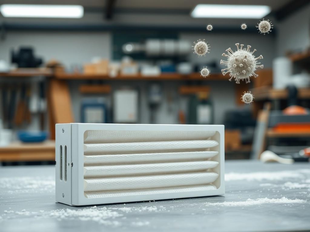 A close-up shot of a high-quality HVAC filter placed on a workbench, with dust and allergens illustrated in the background to convey its effectiveness. The image should focus on the filter's texture and material, highlighting its durability and design. The setting should be bright and clean, emphasizing the importance of air quality.