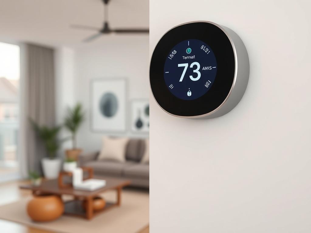 A close-up shot of a modern smart thermostat mounted on a wall, displaying a digital screen with temperature settings. The background should be a stylish living room with minimalistic decor, showcasing a cozy and modern atmosphere. The focus is on the thermostat, highlighting its sleek design and user-friendly interface.